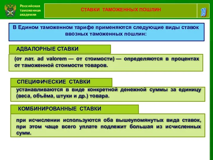 Российская таможенная академия 19 СТАВКИ ТАМОЖЕННЫХ ПОШЛИН В Едином таможенном тарифе