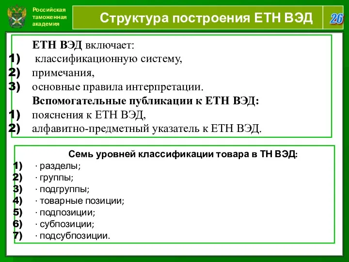 Российская таможенная академия 26 Структура построения ЕТН ВЭД ЕТН ВЭД включает: