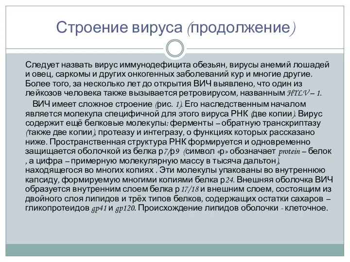 Строение вируса (продолжение) Следует назвать вирус иммунодефицита обезьян, вирусы анемий лошадей