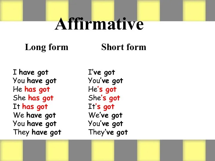 Affirmative Long form Short form I have got I’ve got You