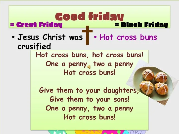 Good friday Jesus Christ was crusified Hot cross buns = Great