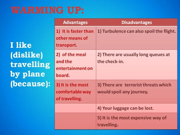 WARMING UP: I like (dislike) travelling by plane (because):