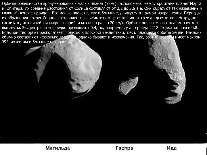 Орбиты большинства пронумерованных малых планет (98%) расположены между орбитами планет Марса