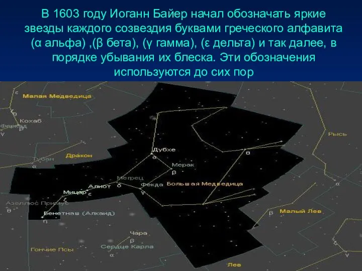 В 1603 году Иоганн Байер начал обозначать яркие звезды каждого созвездия