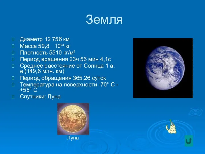 Земля Диаметр 12 756 км Масса 59,8 · 10²³ кг Плотность