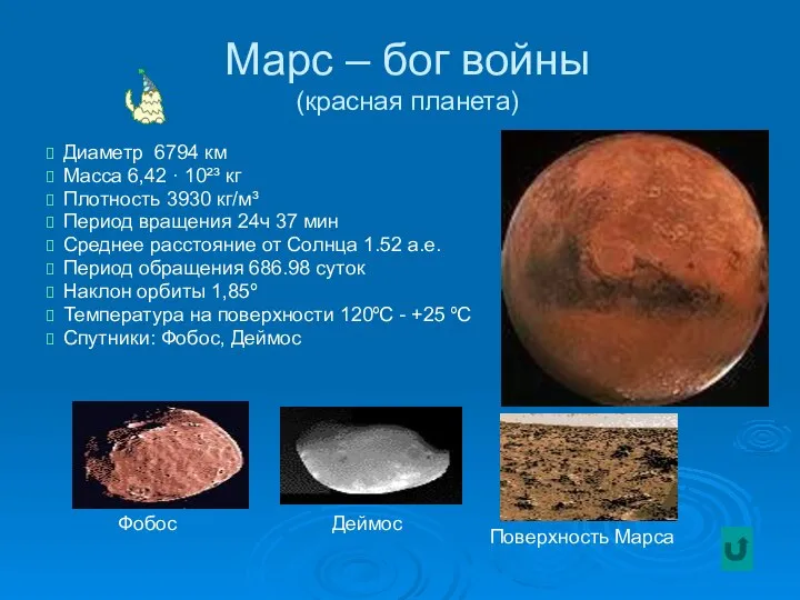 Марс – бог войны (красная планета) Диаметр 6794 км Масса 6,42