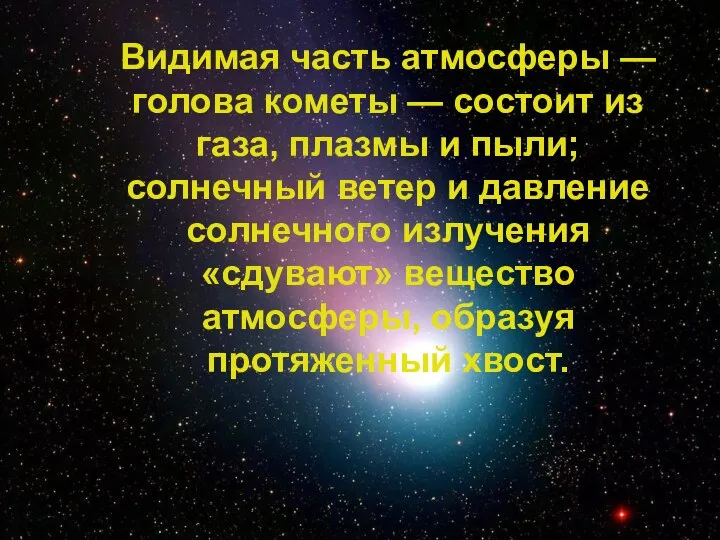 Видимая часть атмосферы — голова кометы — состоит из газа, плазмы