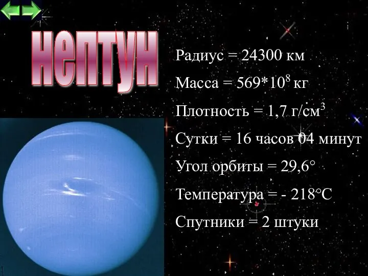 Радиус = 24300 км Масса = 569*108 кг Плотность = 1,7