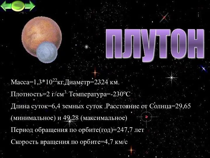 плутон Macca=1,3*1022кг.Диаметр=2324 км. Плотность=2 г/см3. Температура=-230oC Длина суток=6,4 земных суток .Расстояние