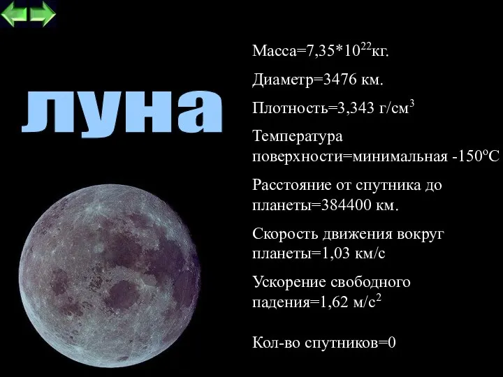 луна Кол-во спутников=0 Macca=7,35*1022кг. Диаметр=3476 км. Плотность=3,343 г/см3 Температура поверхности=минимальная -150oC