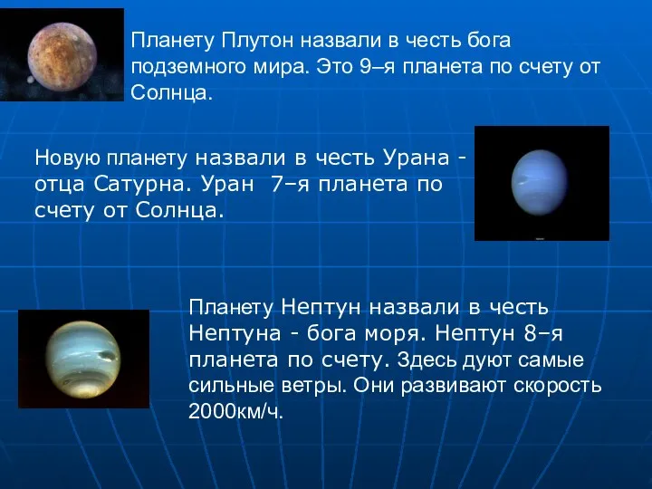 Планету Плутон назвали в честь бога подземного мира. Это 9–я планета