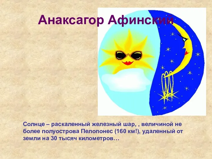 Анаксагор Афинский Солнце – раскаленный железный шар, , величиной не более