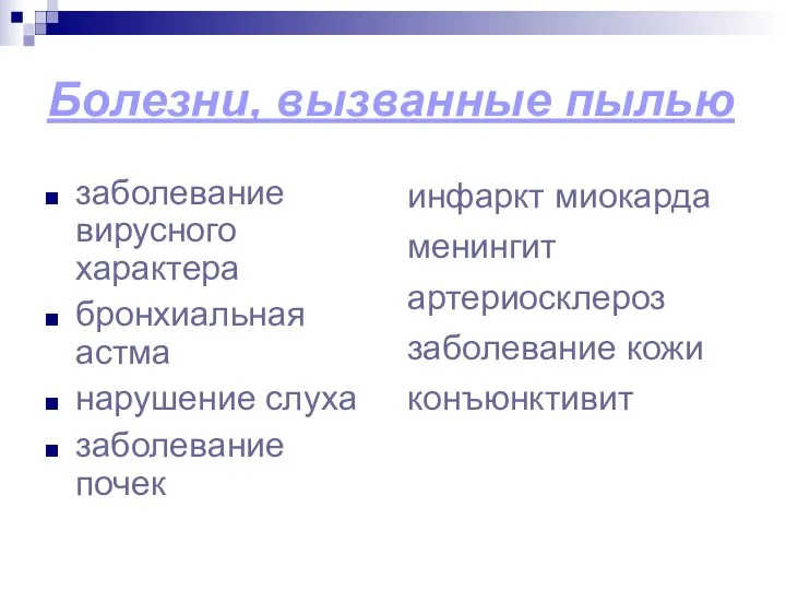 Болезни, вызванные пылью заболевание вирусного характера бронхиальная астма нарушение слуха заболевание