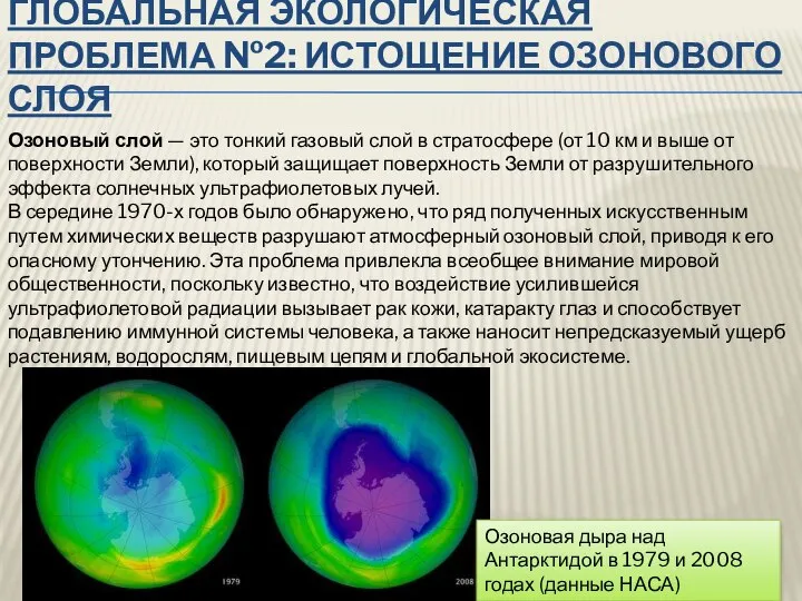 Глобальная экологическая проблема №2: Истощение озонового слоя Озоновый слой — это