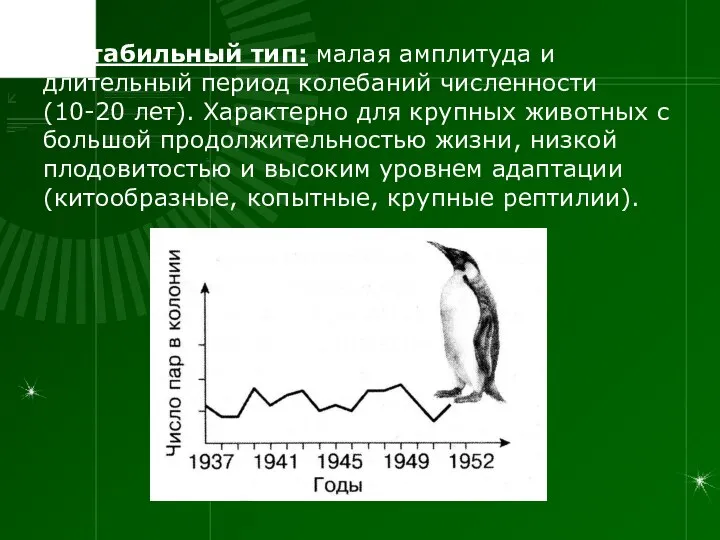 I. Стабильный тип: малая амплитуда и длительный период колебаний численности (10-20