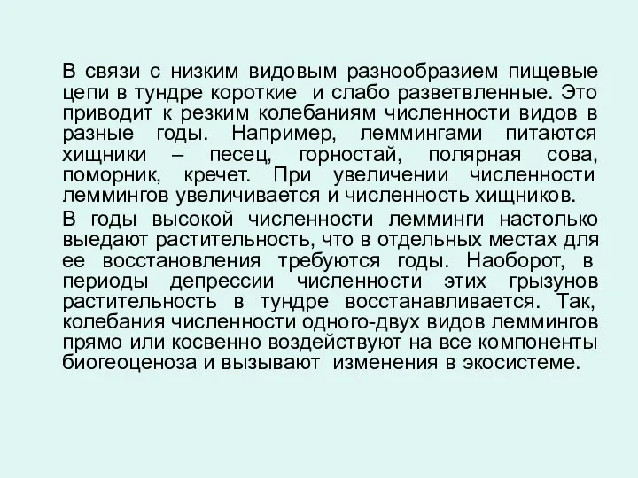 В связи с низким видовым разнообразием пищевые цепи в тундре короткие