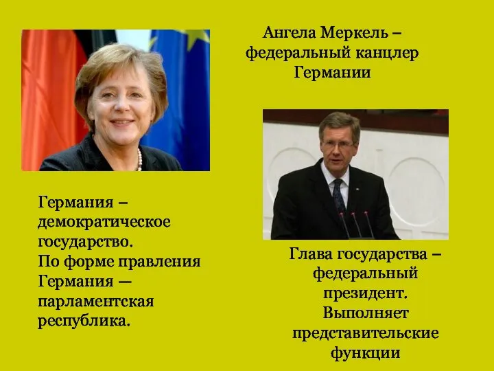 Ангела Меркель – федеральный канцлер Германии Глава государства – федеральный президент.