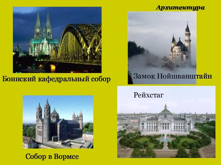 Боннский кафедральный собор Собор в Вормсе Рейхстаг Архитектура Замок Нойшванштайн