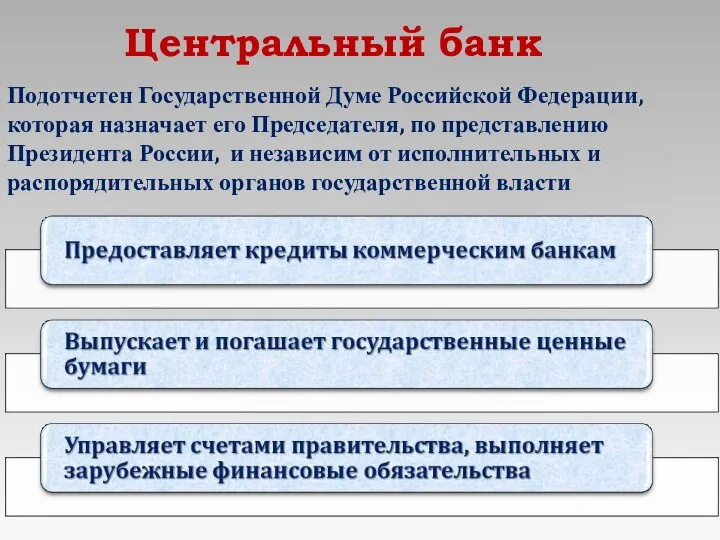Центральный банк Подотчетен Государственной Думе Российской Федерации, которая назначает его Председателя,