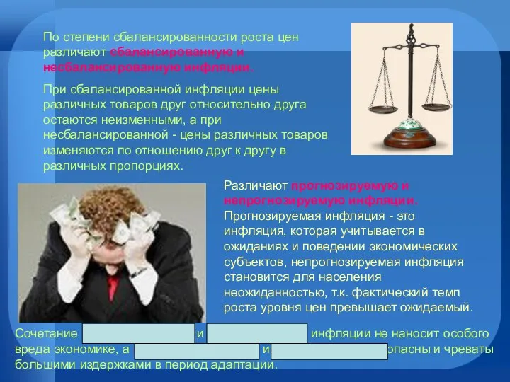 По степени сбалансированности роста цен различают сбалансированную и несбалансированную инфляции. При