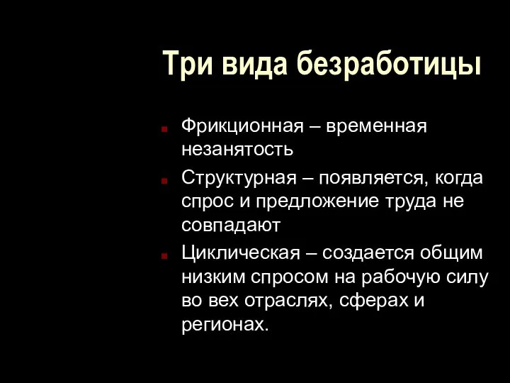 Три вида безработицы Фрикционная – временная незанятость Структурная – появляется, когда