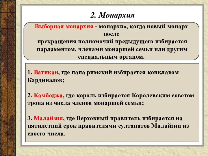 2. Монархия Выборная монархия - монархия, когда новый монарх после прекращения