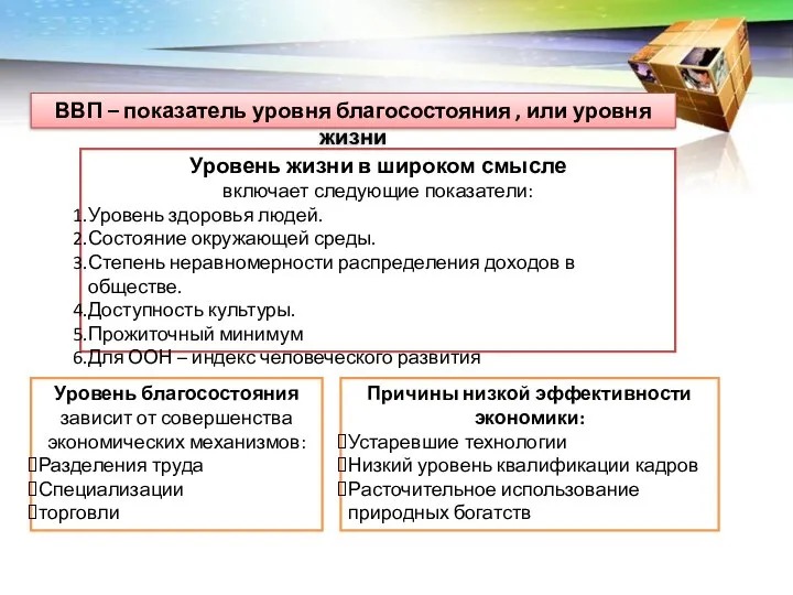 ВВП – показатель уровня благосостояния , или уровня жизни Уровень жизни