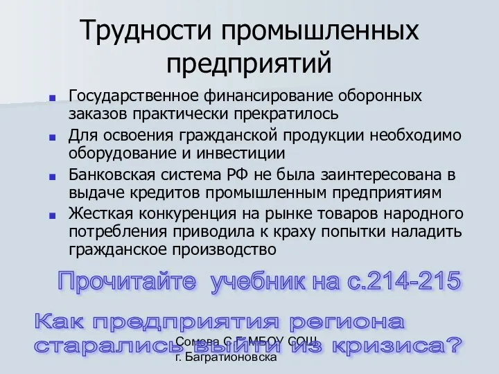 Сомова С.Г. МБОУ СОШ г. Багратионовска Трудности промышленных предприятий Государственное финансирование