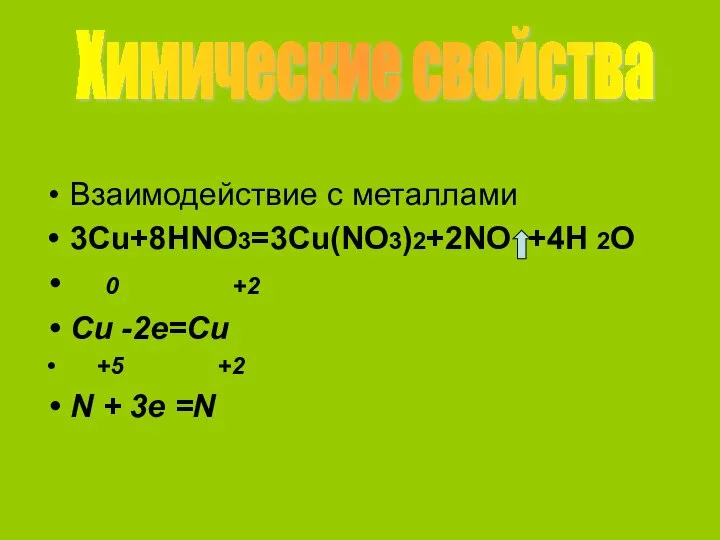 Взаимодействие с металлами 3Cu+8HNO3=3Cu(NO3)2+2NO +4H 2O 0 +2 Cu -2e=Cu +5