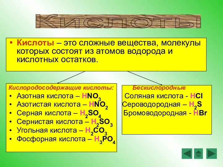 Кислоты – это сложные вещества, молекулы которых состоят из атомов водорода