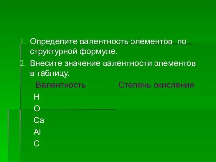 Определите валентность элементов по структурной формуле. Внесите значение валентности элементов в