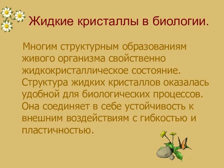 Жидкие кристаллы в биологии. Многим структурным образованиям живого организма свойственно жидкокристаллическое