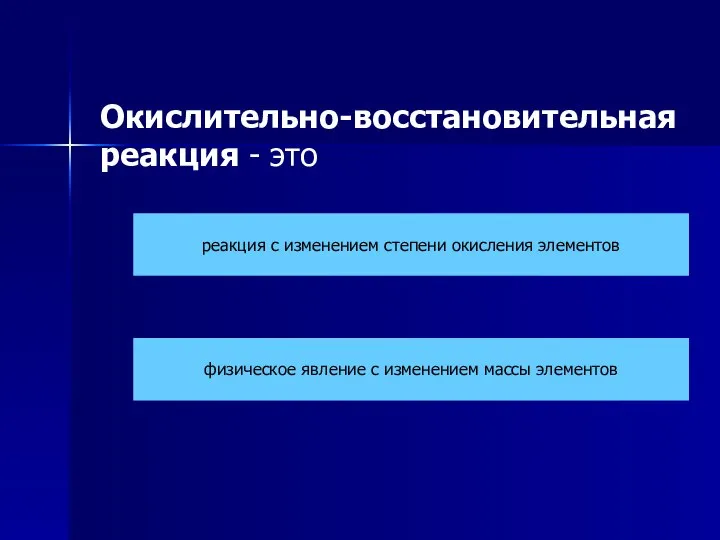 Окислительно-восстановительная реакция - это реакция с изменением степени окисления элементов физическое явление с изменением массы элементов