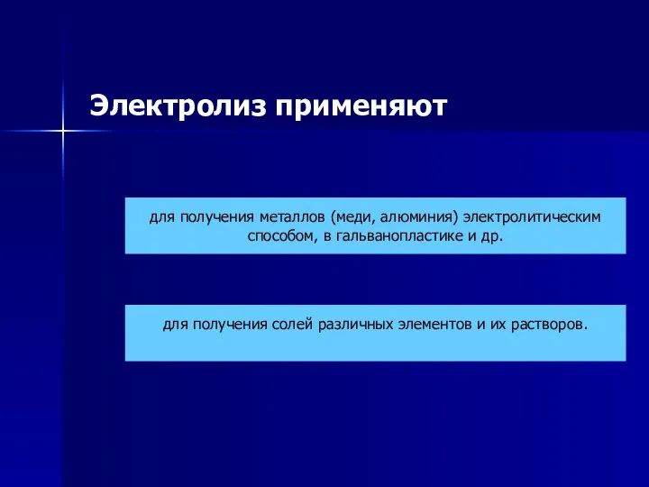 Электролиз применяют для получения солей различных элементов и их растворов. для