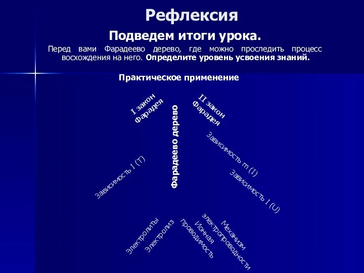 Рефлексия Подведем итоги урока. Перед вами Фарадеево дерево, где можно проследить