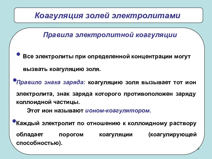 Коагуляция золей электролитами Все электролиты при определенной концентрации могут вызвать коагуляцию