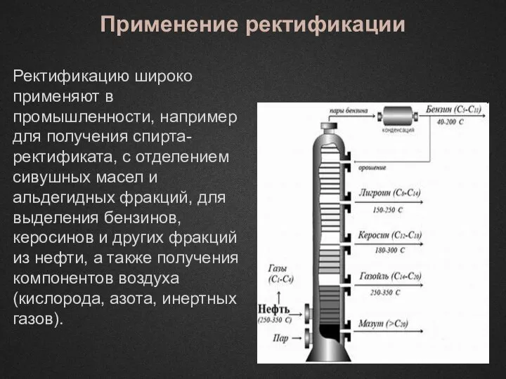 Применение ректификации Ректификацию широко применяют в промышленности, например для получения спирта-ректификата,