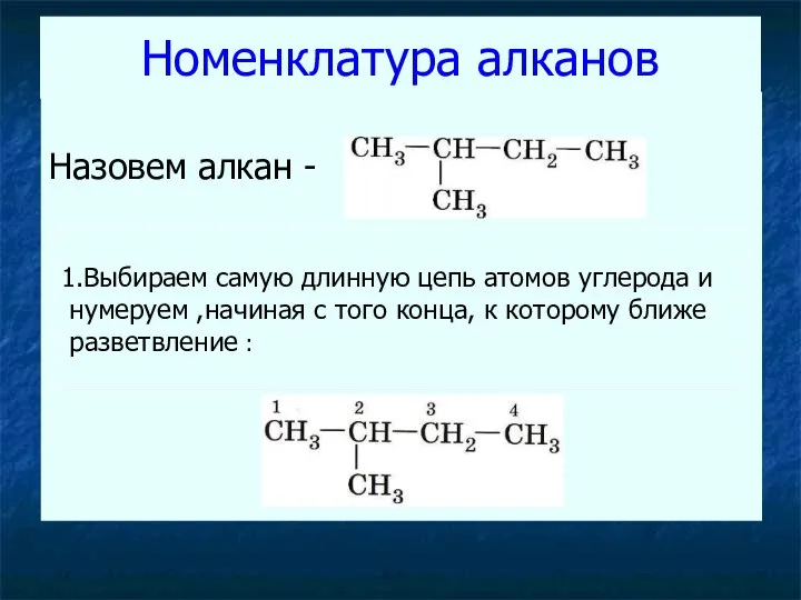 Номенклатура алканов Назовем алкан - 1.Выбираем самую длинную цепь атомов углерода