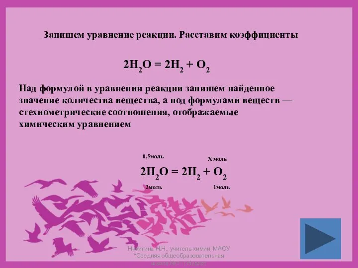 Запишем уравнение реакции. Расставим коэффициенты 2Н2О = 2Н2 + О2 Над