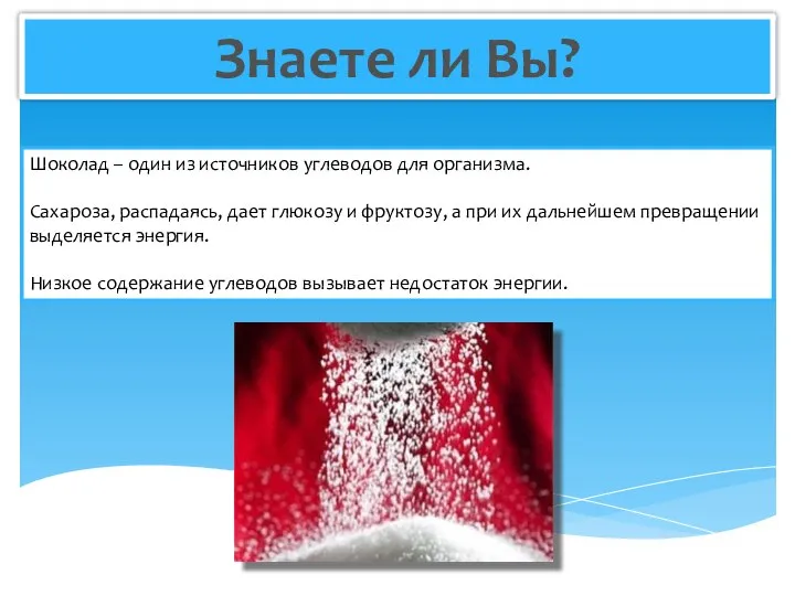 Знаете ли Вы? Шоколад – один из источников углеводов для организма.