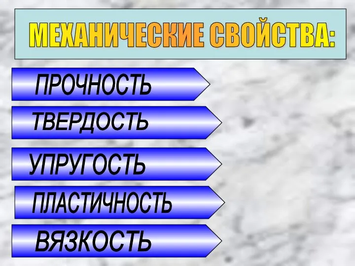 МЕХАНИЧЕСКИЕ СВОЙСТВА: ПРОЧНОСТЬ ПЛАСТИЧНОСТЬ ВЯЗКОСТЬ УПРУГОСТЬ ТВЕРДОСТЬ