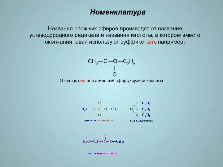 Номенклатура Названия сложных эфиров производят от названия углеводородного радикала и названия