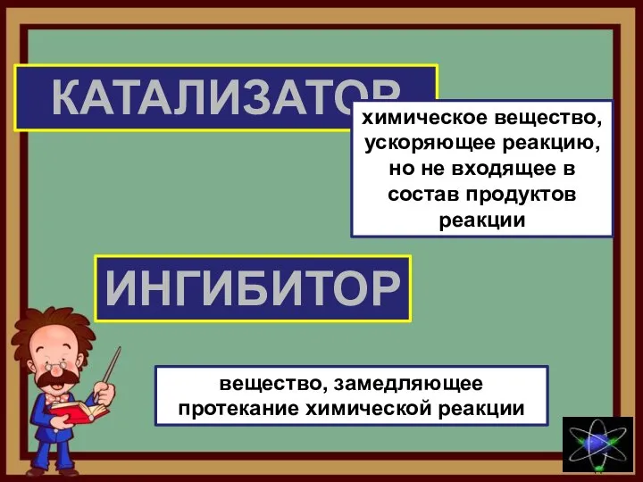 КАТАЛИЗАТОР ИНГИБИТОР химическое вещество, ускоряющее реакцию, но не входящее в состав