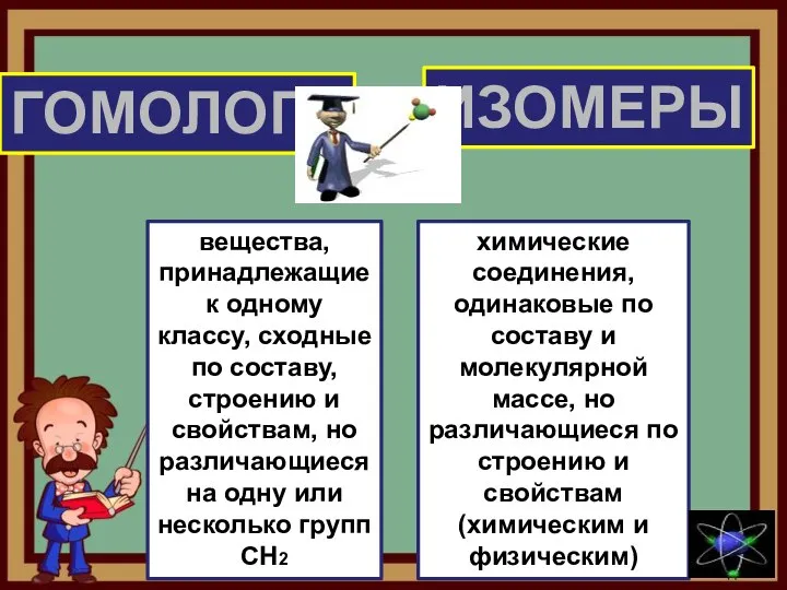 ГОМОЛОГИ ИЗОМЕРЫ вещества, принадлежащие к одному классу, сходные по составу, строению