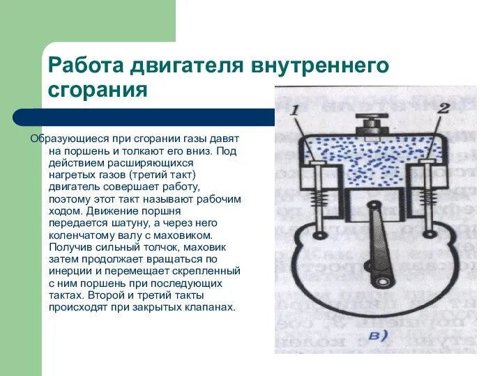 Работа двигателя внутреннего сгорания Образующиеся при сгорании газы давят на поршень