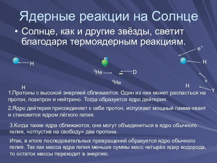 Ядерные реакции на Солнце Солнце, как и другие звёзды, светит благодаря