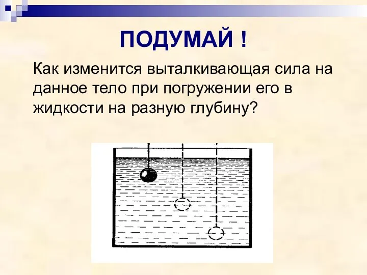 ПОДУМАЙ ! Как изменится выталкивающая сила на данное тело при погружении