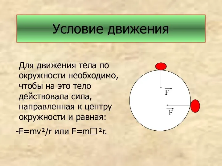 Условие движения Для движения тела по окружности необходимо, чтобы на это