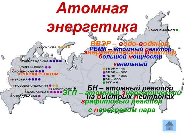 Атомная энергетика ВВЭР – водо-водяной энергетический реактор РБМК – атомный реактор