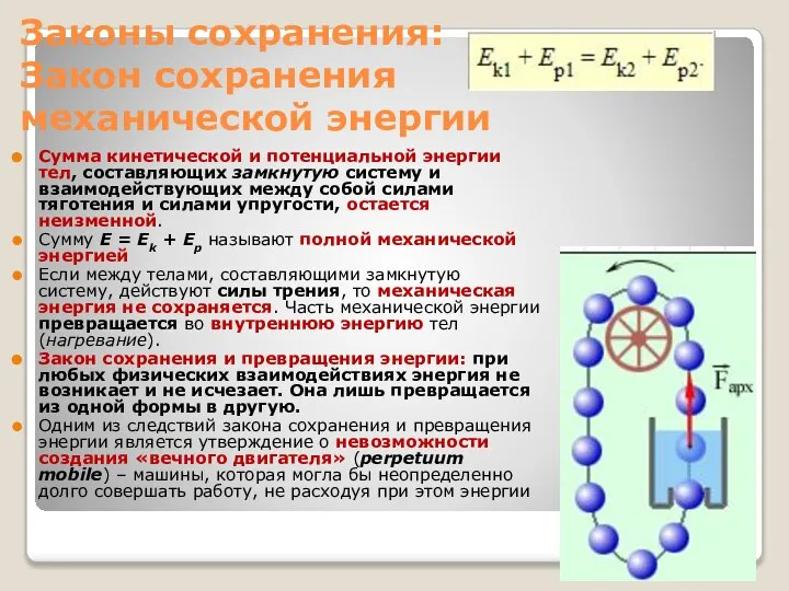 Законы сохранения: Закон сохранения механической энергии Сумма кинетической и потенциальной энергии